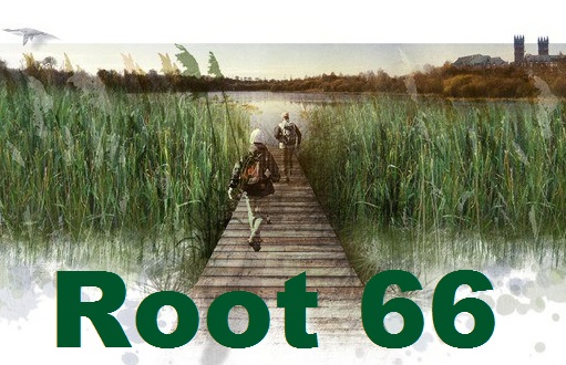 Two people on a boardwalk through tall reeds towards an expanse of water, with Root 66 text