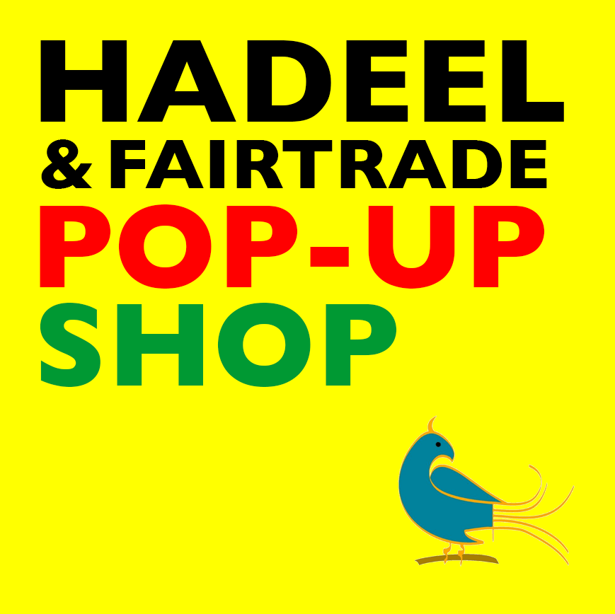 Hadeel & Fair Trade Pop Up shop text on yellow background with blue Hadeel bird logo