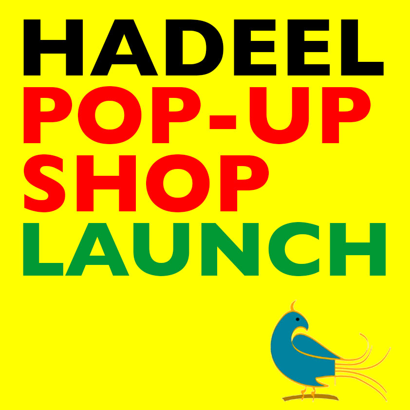 'Hadeel Pop-Up Shop' in Black, red and green on yellow background with blue Palestinian dove logo.