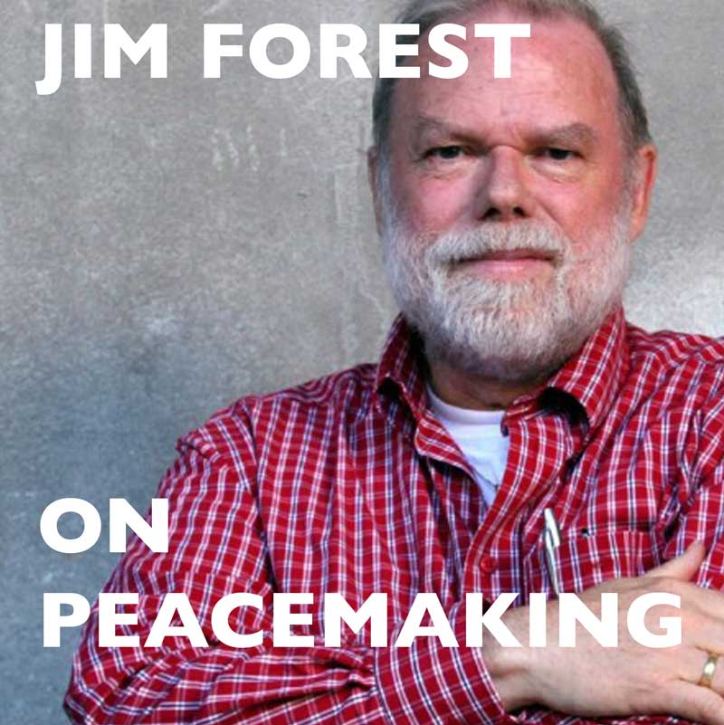 Jim Forest, man in check shirt with beard against grey wall and event title text