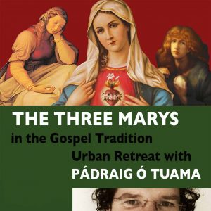 Three Marys in art reproduction, event title and image odf Padraig O Tuama's eyes