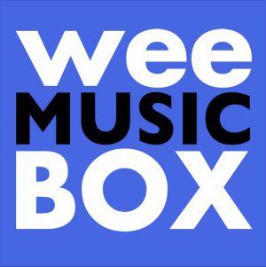 wee music box, white and black text on blue background