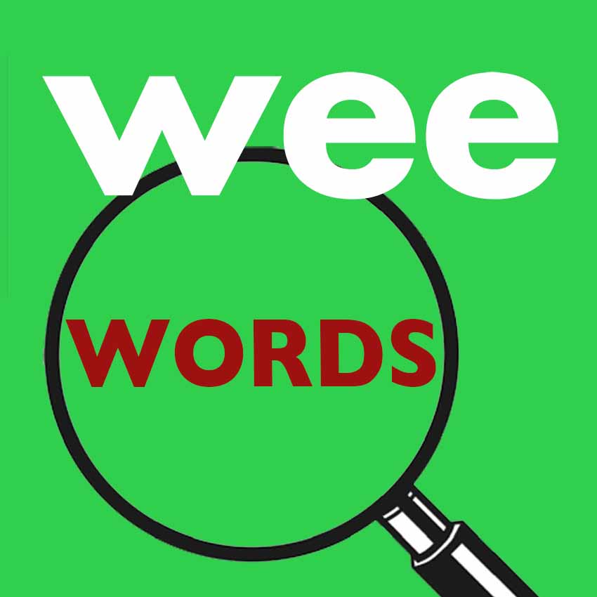 Wee Words tex over magnifying glass on bright green background