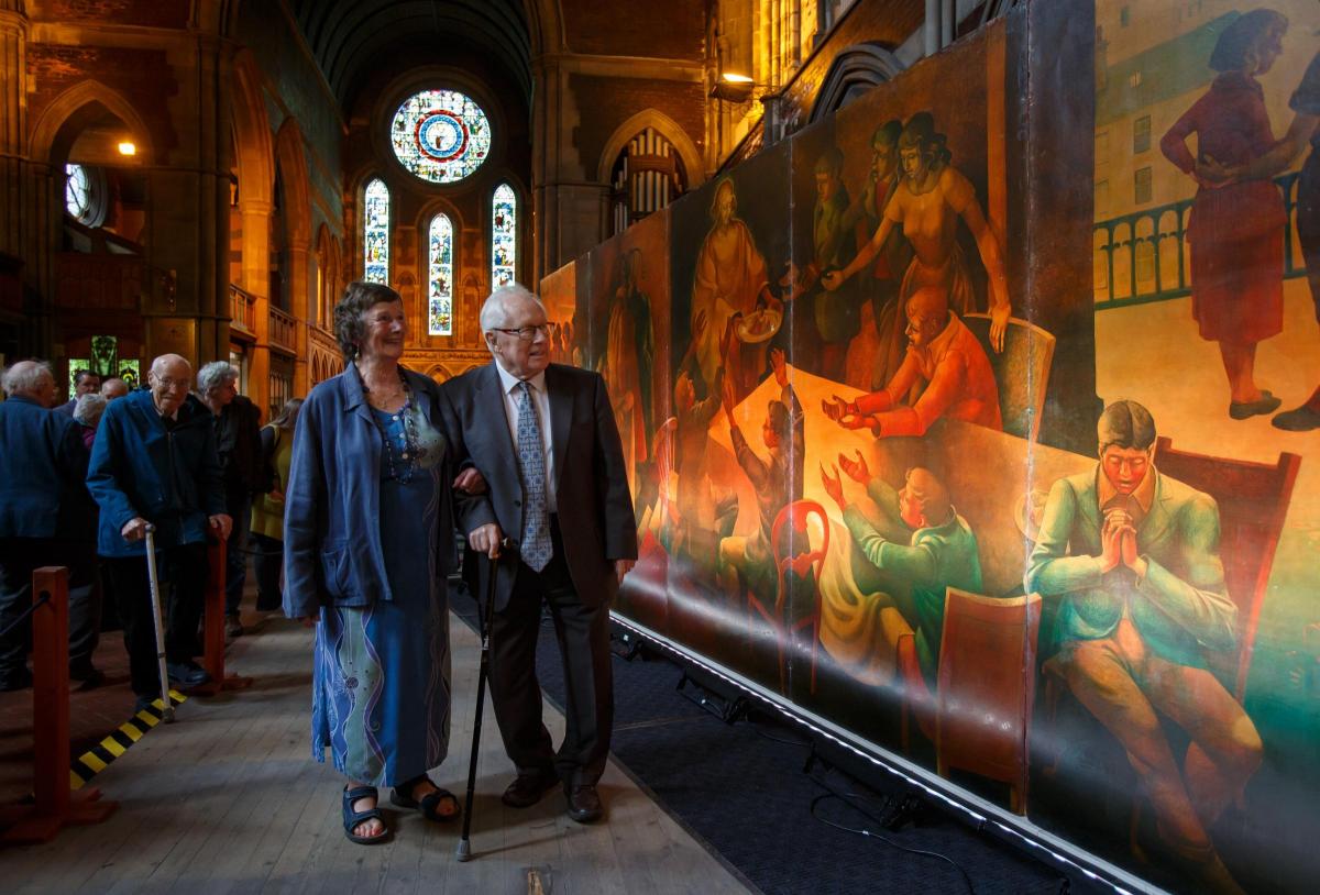Molly and John Harvey visit the re-found Iona Community Mural