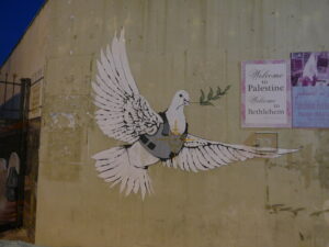 A painting on a wall in Palestine of a dove of peace holding an olive leaf in her mouth.
