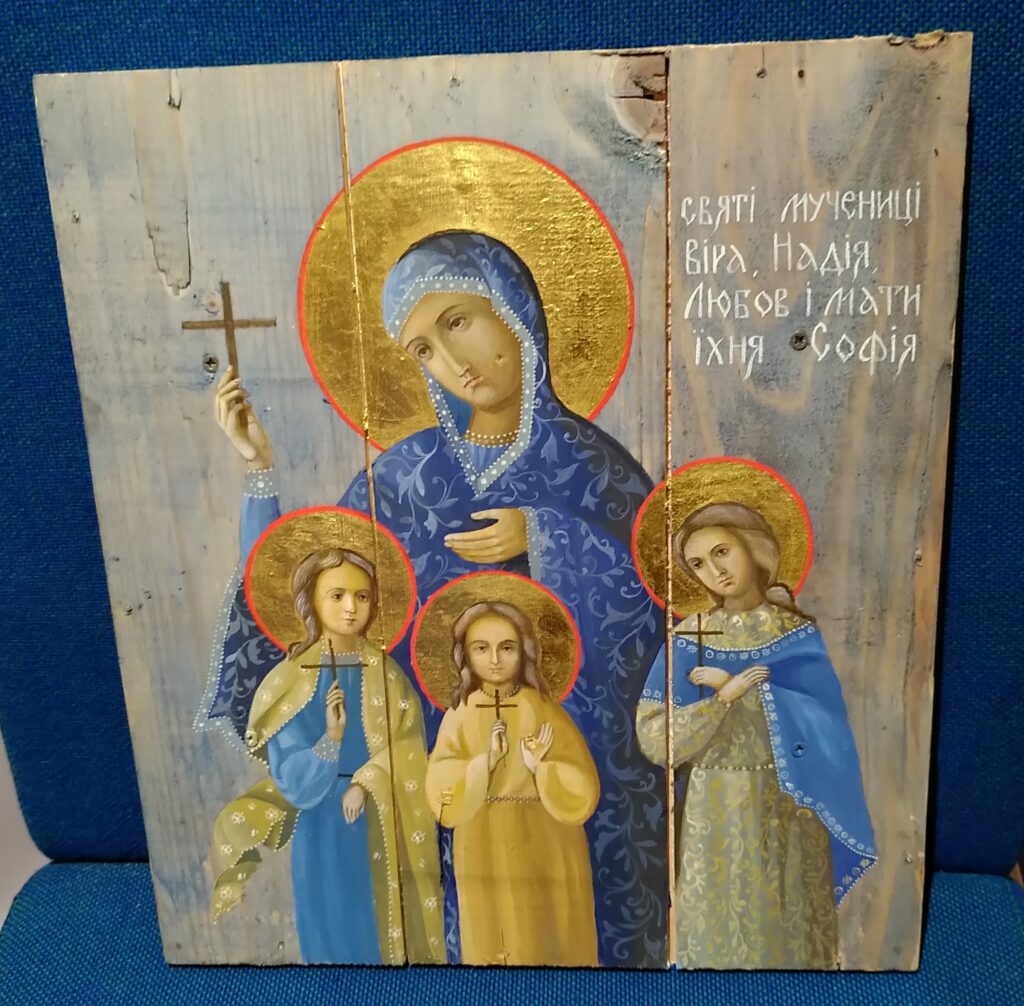 An icon of Sophia, made from an ammo box in Ukraine.