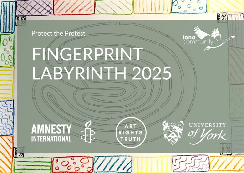 Finger Labyrinth Poster with logos from Amnesty international, Art Rights Truth + University of York