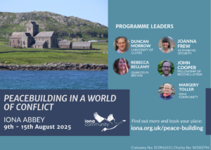 Iona Abbey pictured from the sound of Iona. Five photos of the speakers at the Peace building in a world of conflict week at Iona Abbey. 