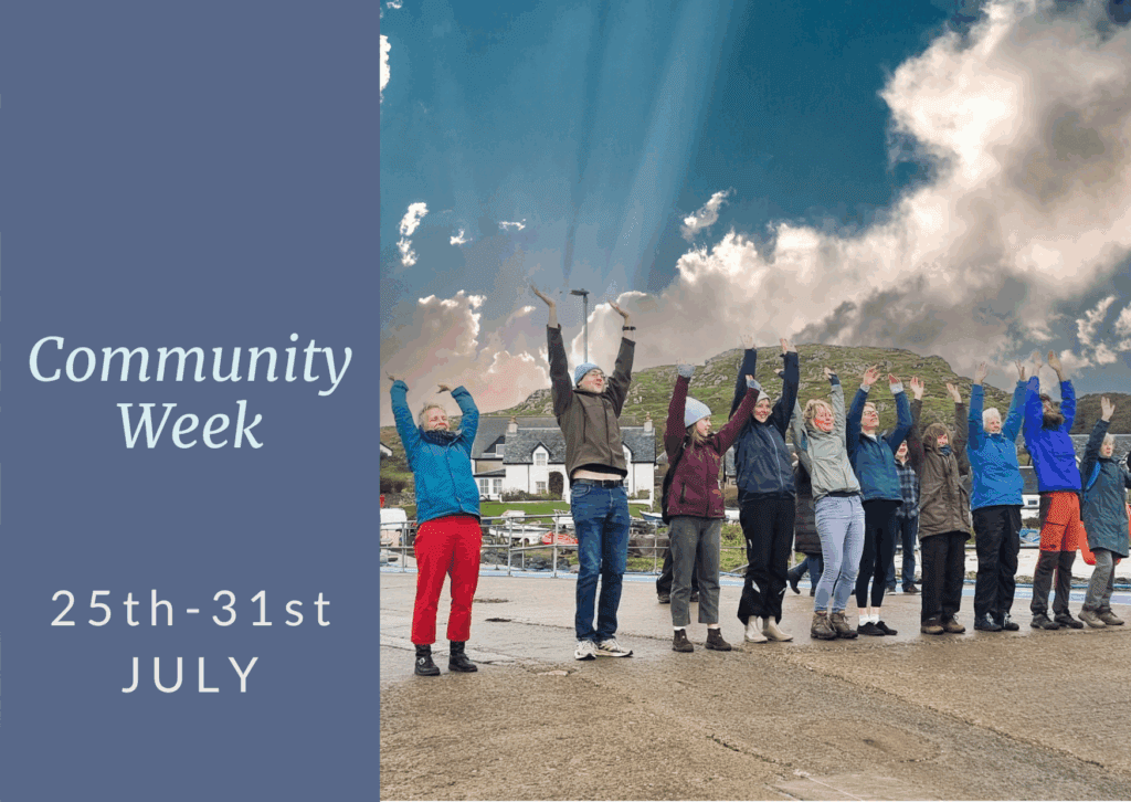 Group of people doing a mexican wave on the Jetty on Iona - Community Week