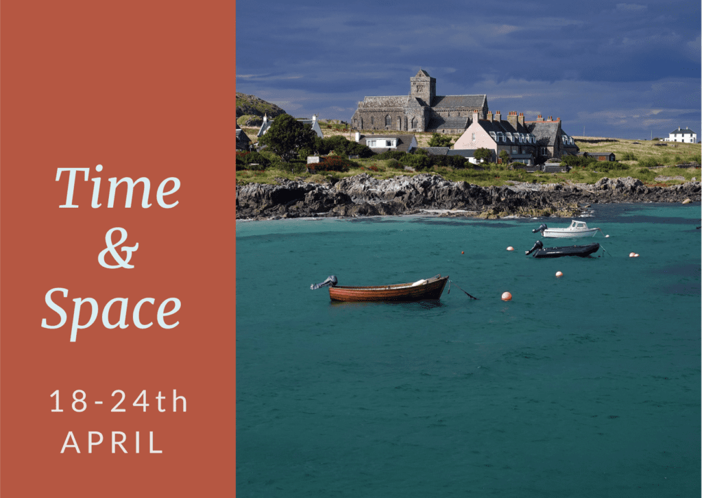 Time and Space graphic with boats and sea and Iona Abbey in background