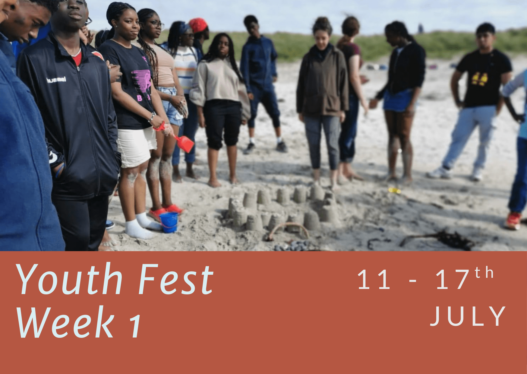 A group of young people on the beach on Iona Youth Fest Week 1