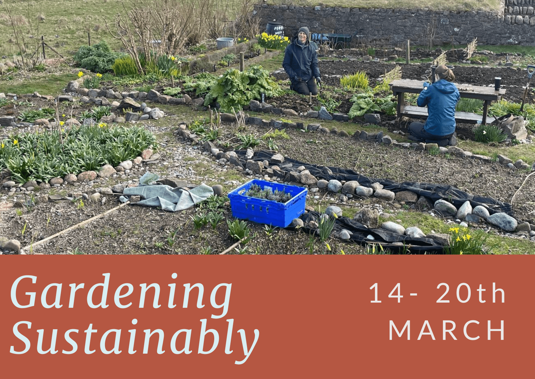 Two people in the garden at Iona Abbey for Gardening Sustainably Week