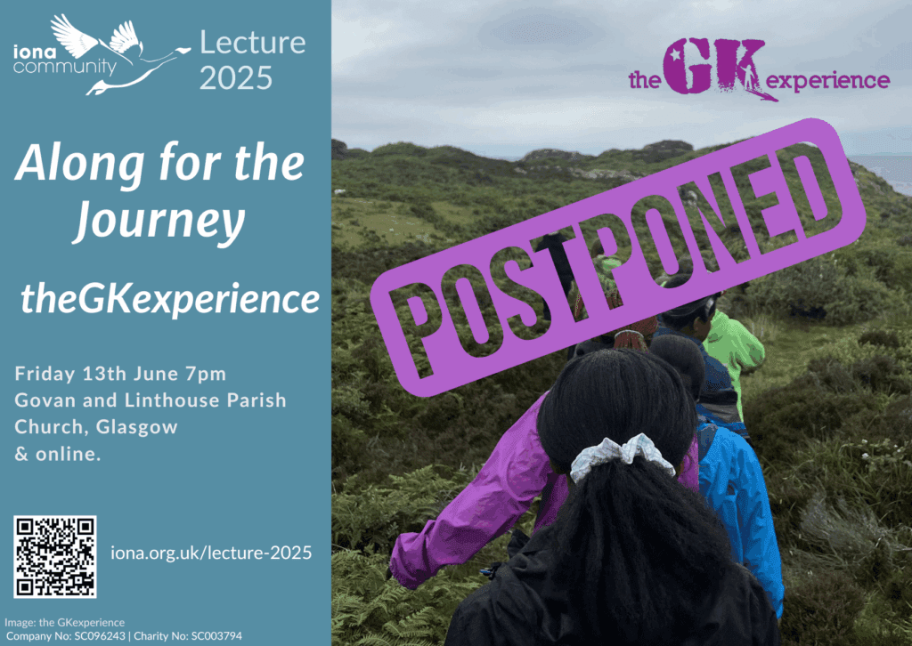 Learn Lecture 2025 (1) Along for the journey. Iona Community Lecture details with the words postponed written across the image of people walking.