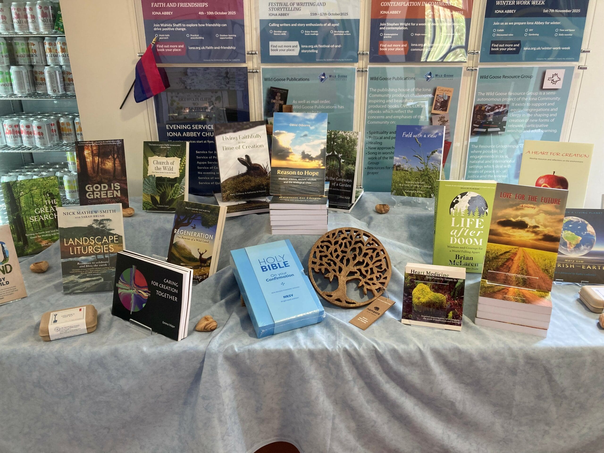 A selection of books on display in the Iona Community welcome centre and shop on Iona