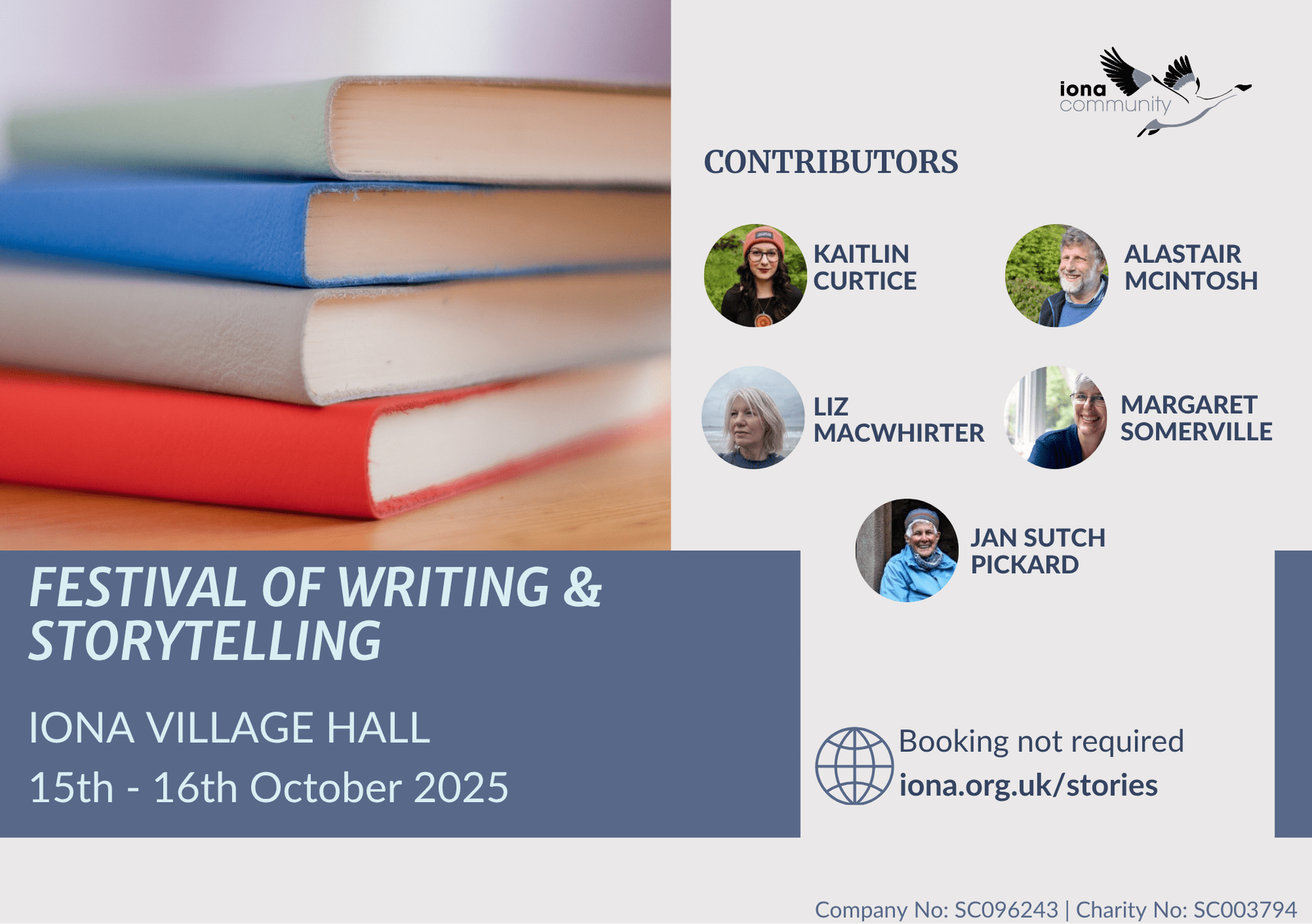 A photo of books and a series of photos of the different contributors to the Festival of Storytelling and Writing in Iona Village Hall