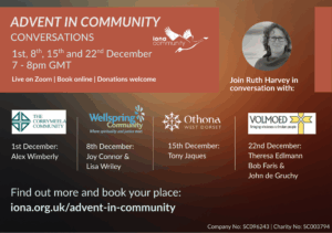 Advent in Community Conversations ncluding the logos of each community and a photo of Ruth Harvey