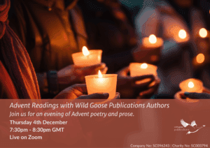 People holding candles with the title and details of the advent readings event as listed on the website