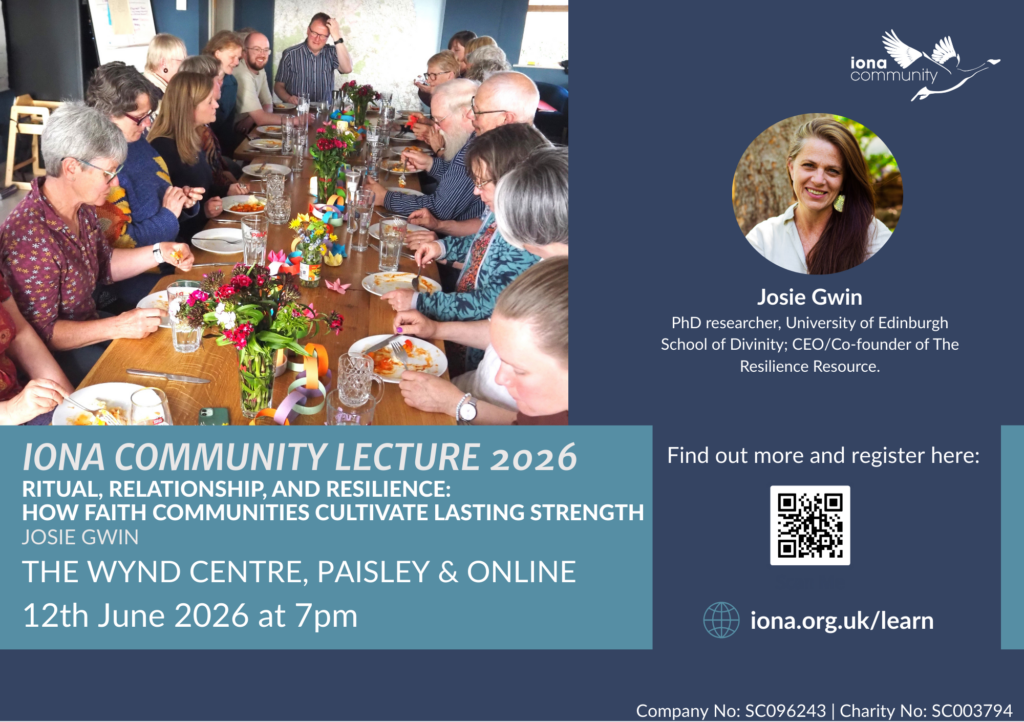 Poster for the Iona Community Lecture including a photo of people sitting eating a meal together.